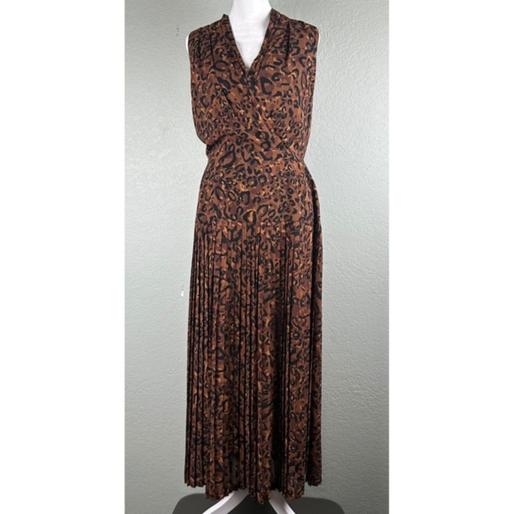 Jones New York Pleated Maxi Dress Sz 8 Leopard Print Sleeveless Wrap Brown Black